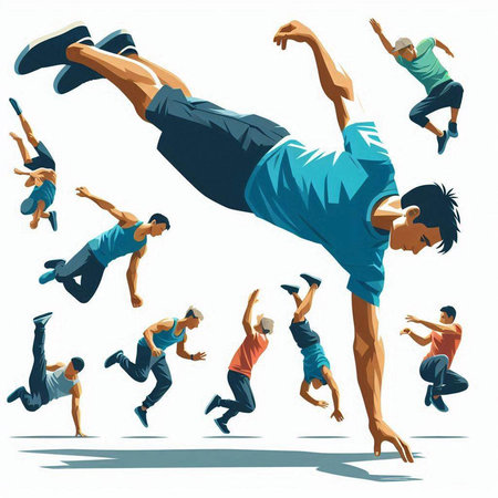 Vector illustration of a set of young man jumping in different poses.のイラスト素材