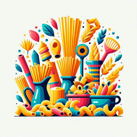 Colorful composition of different types of pasta. Vector illustration in flat styleのイラスト素材
