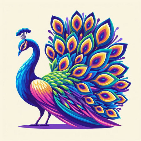 Peacock with colorful feathers. Vector illustration in retro style.のイラスト素材