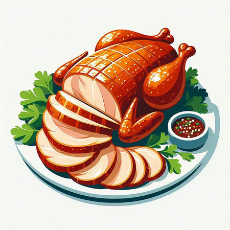 Illustration of a roasted turkey on a plate with parsley and sauceのイラスト素材