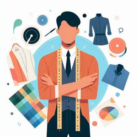 Fashion designer. Vector illustration in a flat style. Man in a jacket with a sewing machine.のイラスト素材