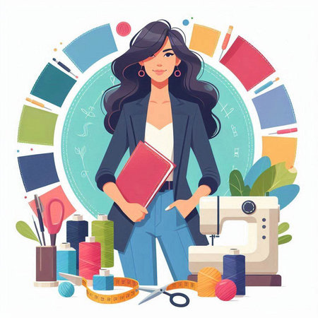 Fashion designer woman with sewing machine and accessories. Vector illustration.のイラスト素材