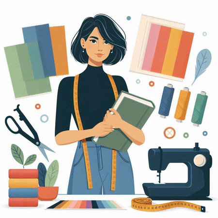 Vector illustration of fashion designer woman with sketchbook and sewing machine.のイラスト素材