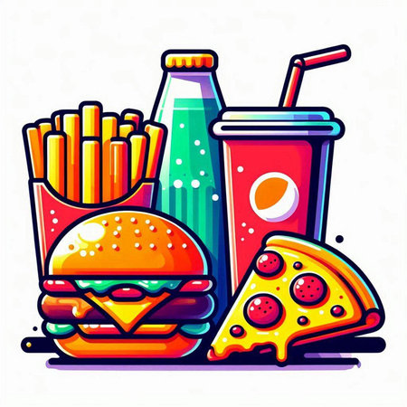 Fast food vector illustration. Hamburger, french fries, soda drink and pizza.のイラスト素材