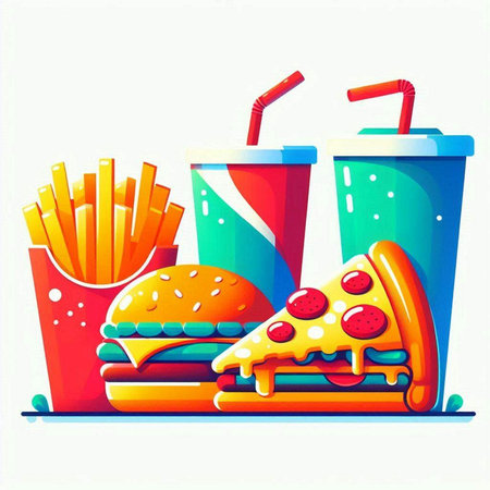 Fast food vector illustration. Hamburger, cola, french fries and drinkのイラスト素材