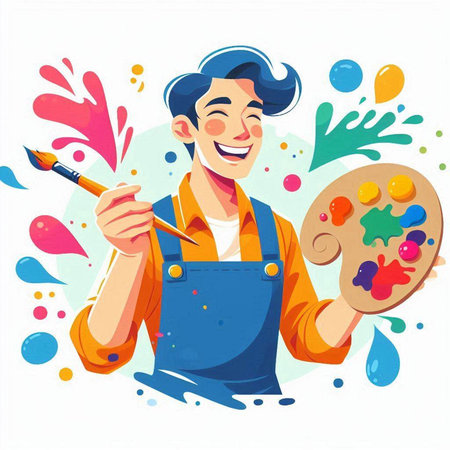 Cartoon artist with palette and brush. Vector illustration in flat styleのイラスト素材