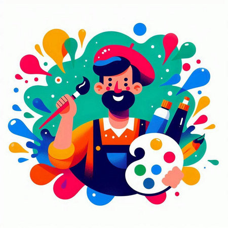 Painter with paint brush and palette. Vector illustration in cartoon styleのイラスト素材