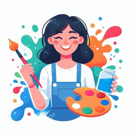 Young woman painter in apron with palette and brush. Vector illustrationのイラスト素材