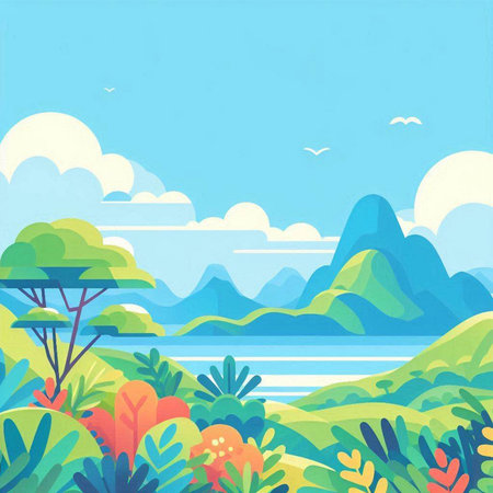 Landscape with mountains and river. Vector illustration in cartoon style.のイラスト素材