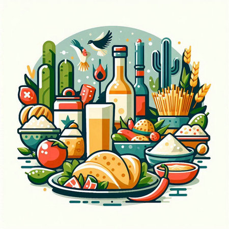 Vector illustration of Mexican cuisine. Food and drink in a plate.のイラスト素材