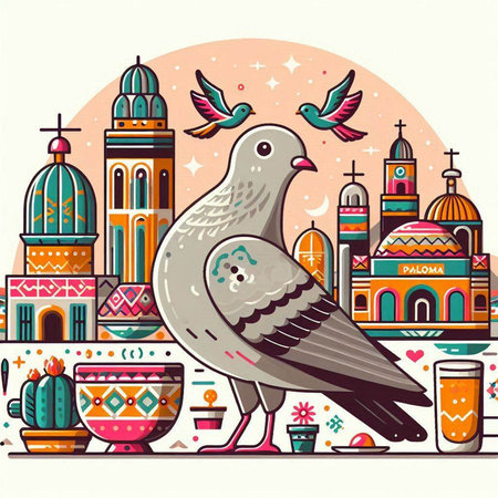 Pigeon on the background of the mosque. Vector illustration.のイラスト素材