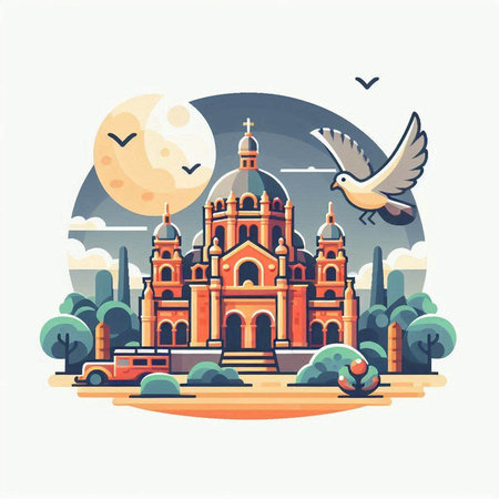 Church of St. Nicholas in the city park. Vector illustration in flat styleのイラスト素材