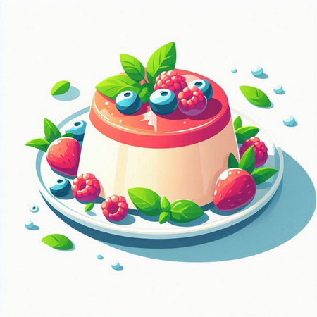 Panna cotta with fresh berries and mint. Vector illustration.のイラスト素材