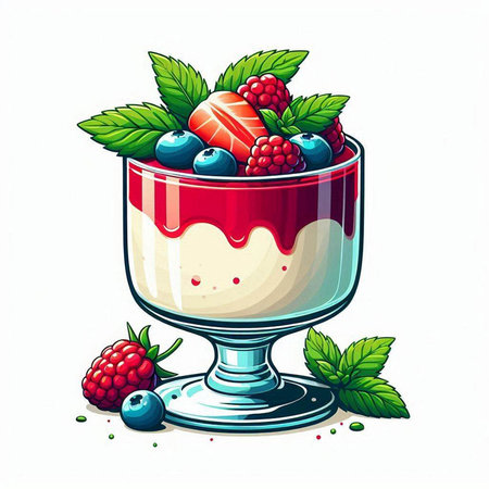 Vector illustration of a glass cup of yogurt with berries and mint.のイラスト素材