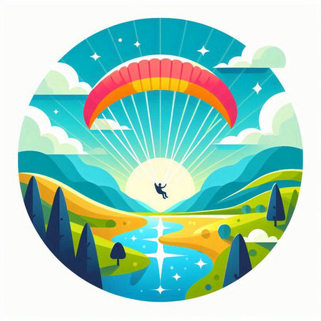 Paraglider flying over the lake. Vector illustration in flat styleのイラスト素材