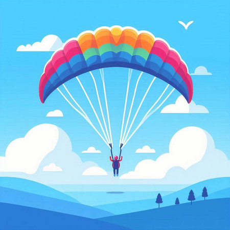 Parachute flying over the sea. Vector illustration in flat styleのイラスト素材