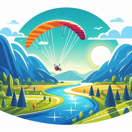 Paraglider flying over the river in the mountains. Vector illustrationのイラスト素材