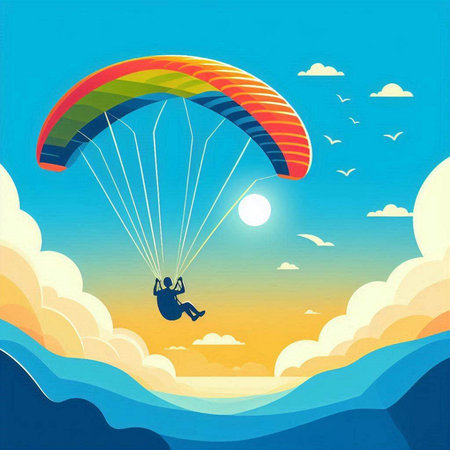 Paraglider flying in the sky over the sea. Vector illustrationのイラスト素材