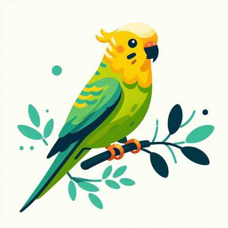 Green parrot on a branch with leaves. Vector illustration in flat style.のイラスト素材