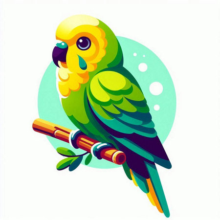 Green parrot sitting on a branch isolated on white background. Vector illustration.のイラスト素材