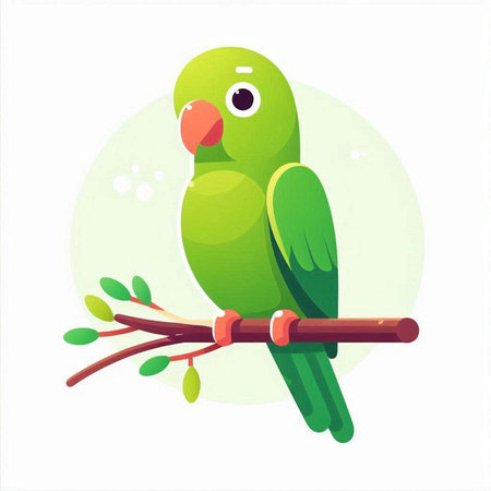 Green parrot sitting on a branch. Vector illustration in cartoon styleのイラスト素材