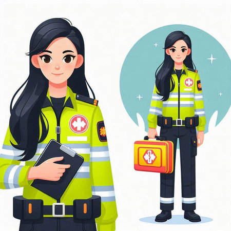 Vector illustration of two female firefighter characters with first aid kit in uniform.のイラスト素材