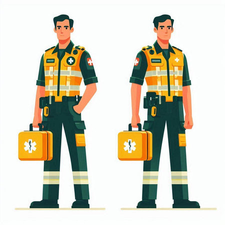 Fireman in uniform with first aid kit. Vector illustration in flat styleのイラスト素材