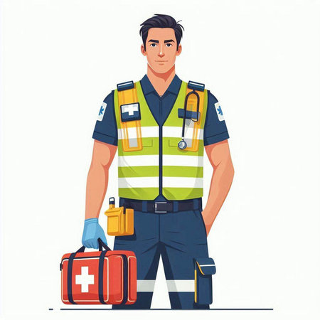 Vector illustration of a male paramedic in uniform with first aid kitのイラスト素材