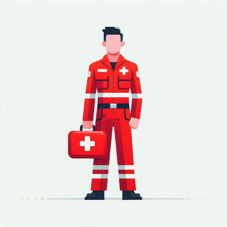 Fireman in uniform with first aid kit. Vector illustration in flat styleのイラスト素材