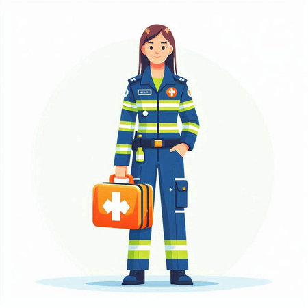 Firefighter woman in uniform with first aid kit. Vector illustration.のイラスト素材