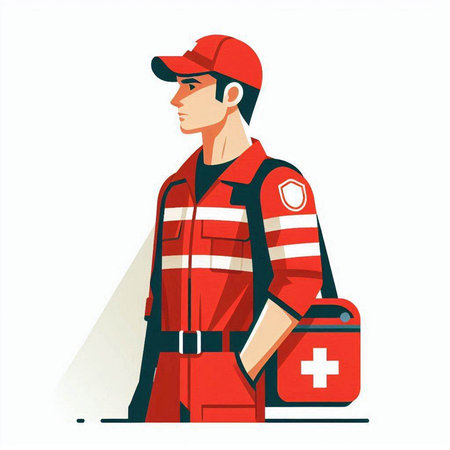 Vector illustration of a fireman in uniform with first aid kit.のイラスト素材