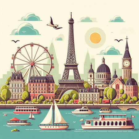 Paris panorama with Eiffel tower, boats and ships. Vector illustrationのイラスト素材