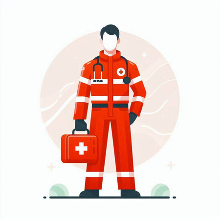 Firefighter in uniform with first aid kit. Vector illustration in flat styleのイラスト素材