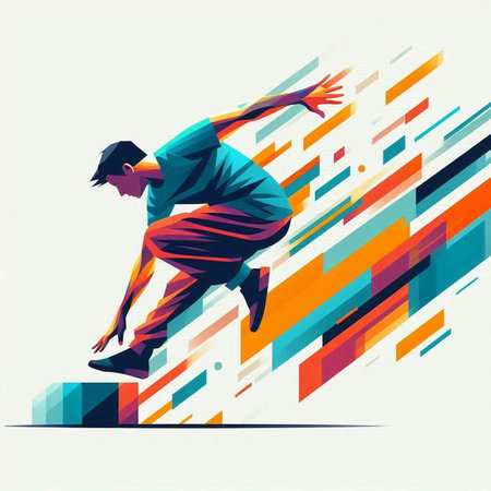 Vector illustration of a young man jumping over a colored background with stripesのイラスト素材
