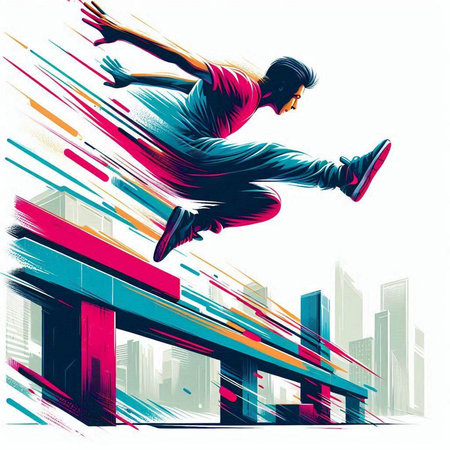 Vector illustration of jumping man on city background. Sport and healthy lifestyle concept.のイラスト素材