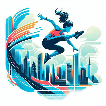 Girl jumping on the background of the modern city. Vector illustration.のイラスト素材