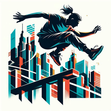 Boy jumping in the city. Vector illustration of a teenager jumping.のイラスト素材