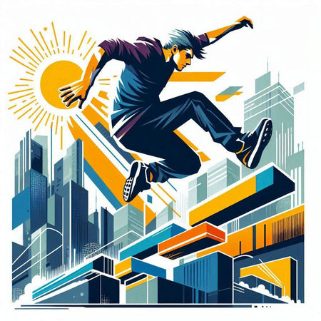 Skateboarder jumping in the city. Vector illustration in retro style.のイラスト素材