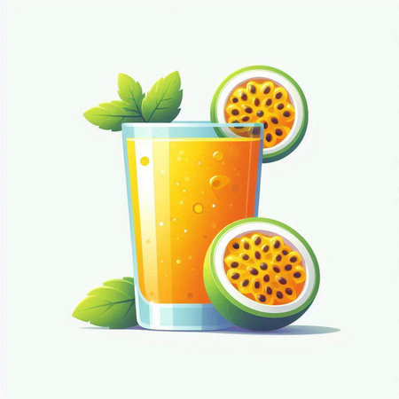 Passion fruit juice with fresh fruits and mint. Vector illustration.のイラスト素材