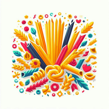Colorful pasta round composition with different types of macaroni vector illustrationのイラスト素材