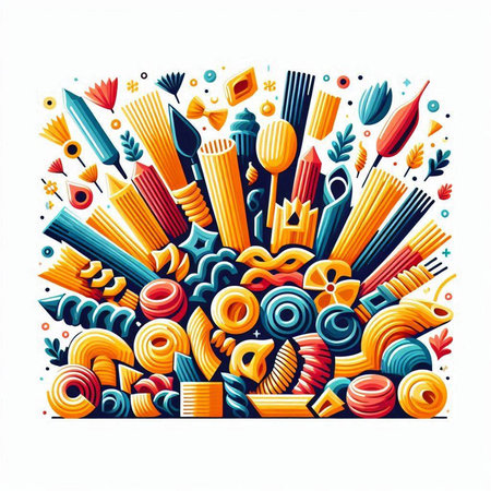 Cartoon vector doodles Italian pasta illustration. Colorful detailed, with lots of objects background. Funny picture.のイラスト素材