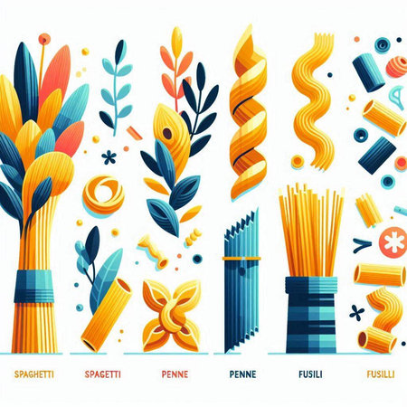 Set of different types of Italian pasta. Vector illustration in flat styleのイラスト素材