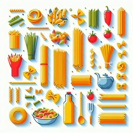 Set of various types and shapes of Italian pasta. Vector illustration.のイラスト素材