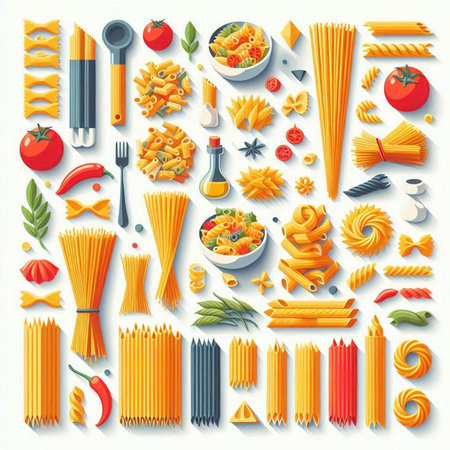 Set of Italian pasta types and ingredients for cooking. Vector illustration.のイラスト素材