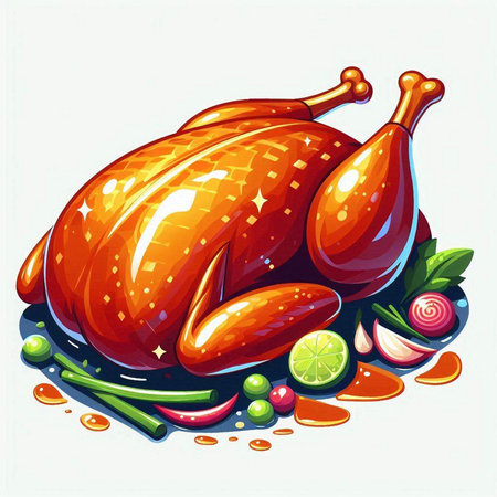 Vector illustration of a roasted turkey on a white background with vegetables.のイラスト素材