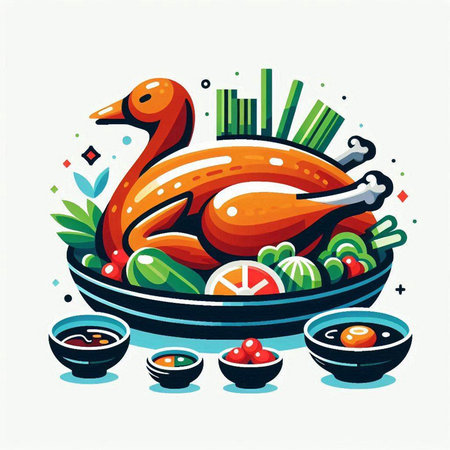 Vector illustration of a chicken on a plate with soy sauce and vegetablesのイラスト素材