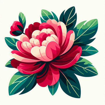 Red flower with green leaves on a white background. Vector illustration.のイラスト素材