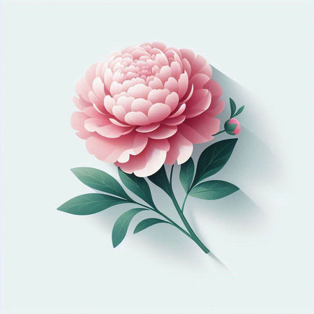 Pink peony flower with green leaves on blue background. Vector illustration.のイラスト素材