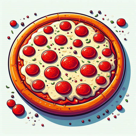Illustration of a pizza with cheese, salami and cherry tomatoesのイラスト素材