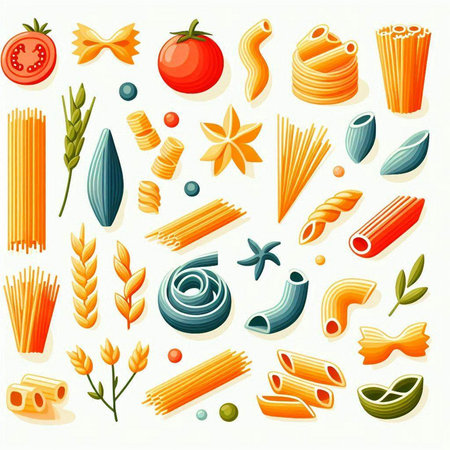 Italian pasta vector set. Fettuccine, penne, macaroni, fusilli, fettuccine, fettuccine, fettuccine, fettuccine and other types of pasta.のイラスト素材